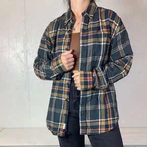 Tan + Navy Plaid Flannel Button Down Long Sleeve Shirt